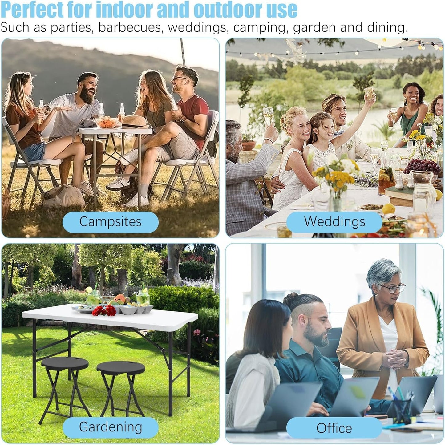 RUN.SE 4FT Camping Table, Plastic Folding Camping Table, 2 Adjustable Height Picnic Table with Carrying Handle for Parties Wedding Camping, White