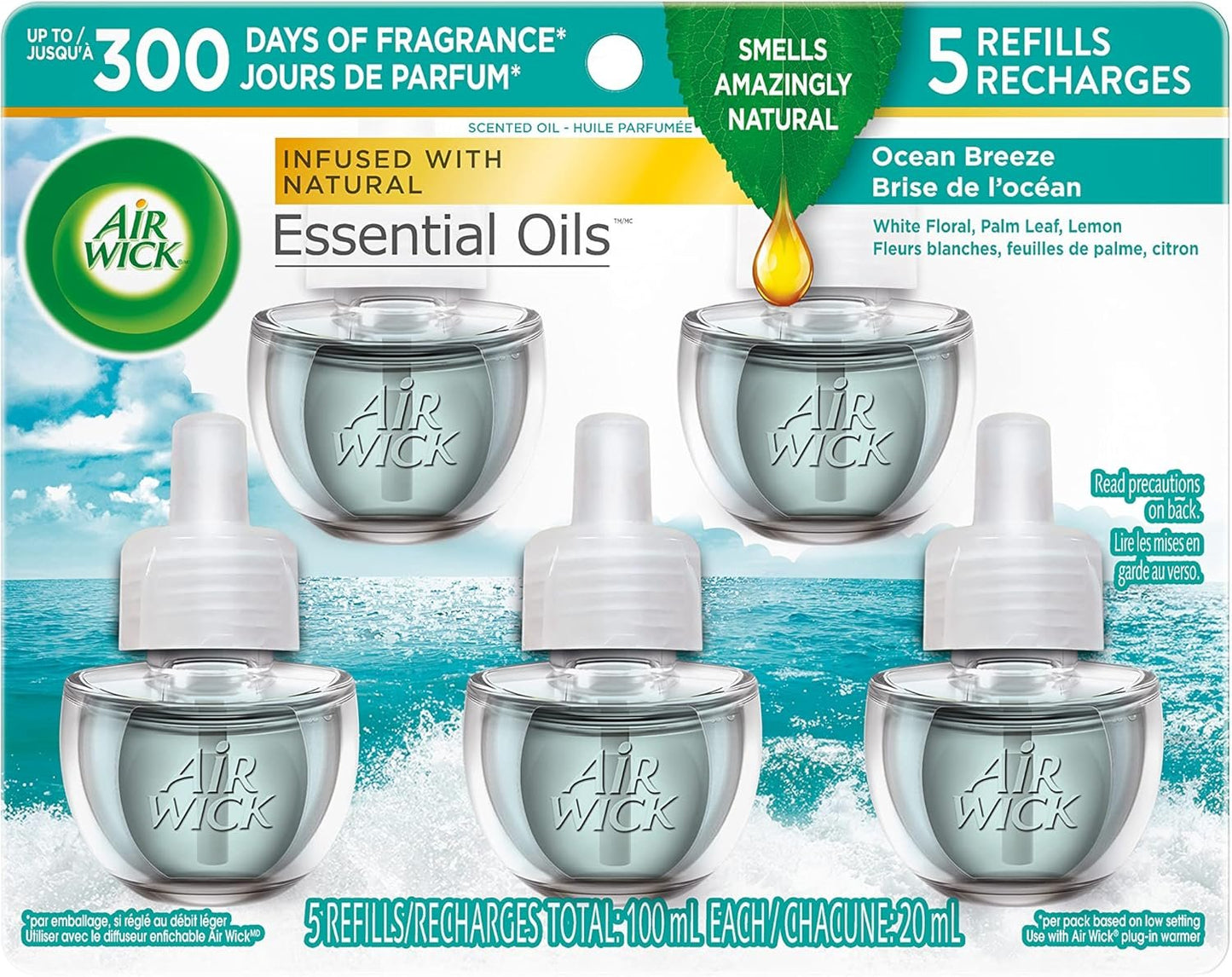 Airwick Plug In Scented Oil,Ocean Breeze,White Floral and Palm Leaf Scent, Infused with natural Essential Oils, 5 Refills, (20mL Each)