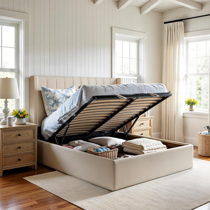 Modern Cream King Size Bed Frame with Storage, Foam Filled Fabric, Modern Wingback Design Bed, Metal Bed Frame with High Headboard, Wood Slat Support, No Box Spring Required (Cream, King Bed)