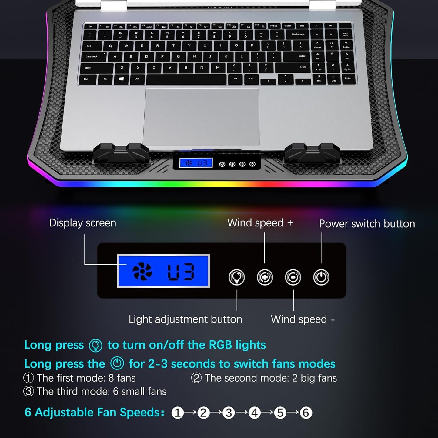 Laptop Cooling Pad RGB Gaming Notebook Cooler for Desk and Lap Use, MOOJAY Laptop Fan Stand 8 Adjustable Heights with 8 Quiet Fans and Phone Holder, for 15.6-17.3 Inch Laptops - Blue LED Light