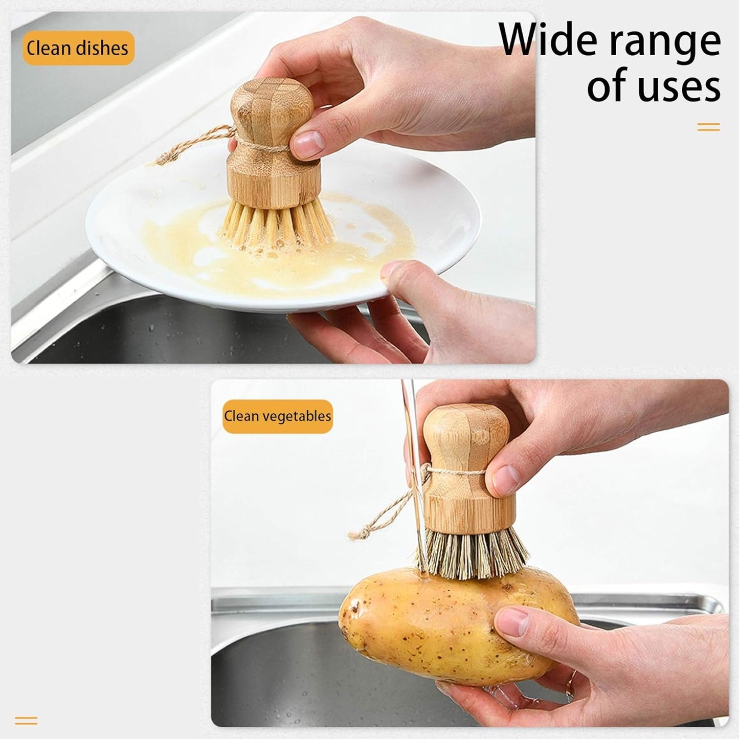 Natural Sisal Dish Washing Brush Bamboo Round Scrub Brush Pots Pans Vegetables Household Cleaning Brush, 2 Pack (White)
