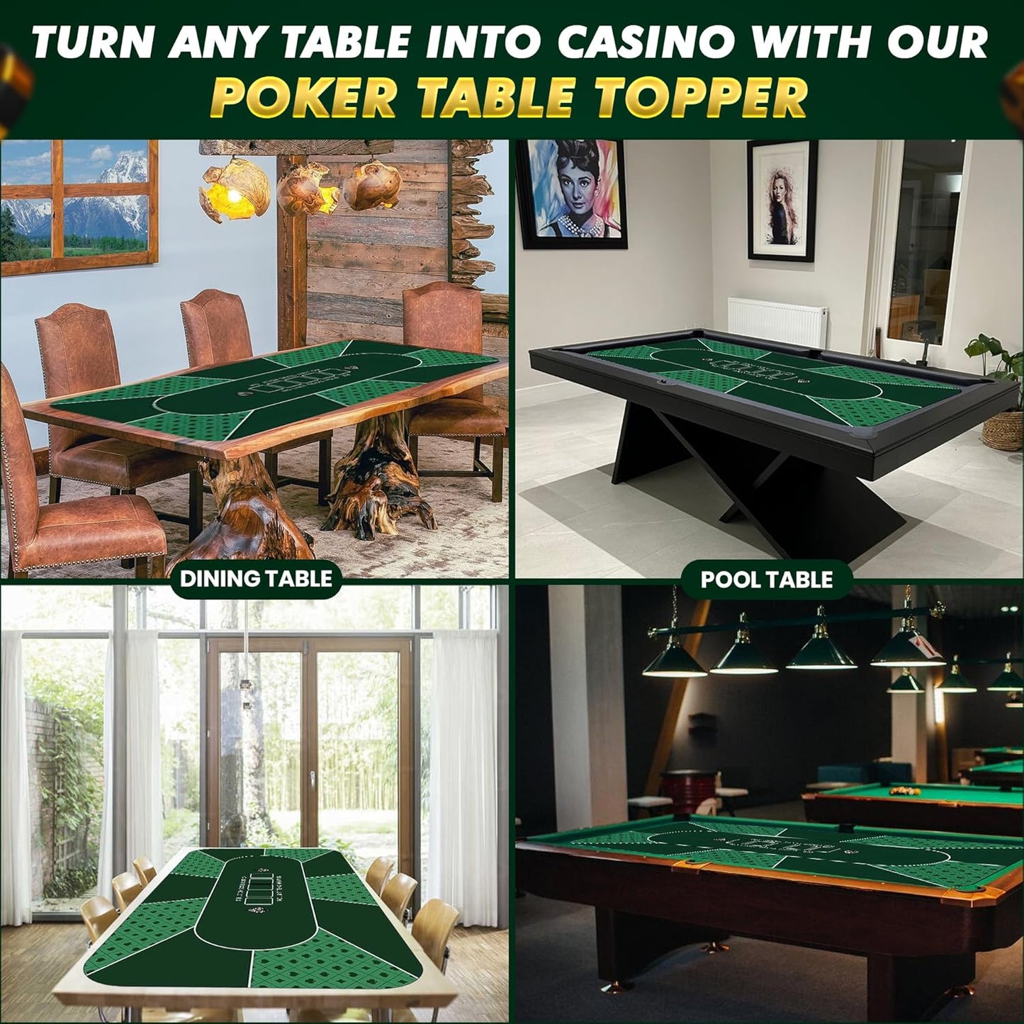 Poker Mat 70 x 35 Inch/180x90cm - 8-10 Players Texas Hold'em Poker Rubber Mat Poker Topper for Tables, Folding Portable Poker Table Top with Carrying Bag for Poker Games, Blackjack, Casino (Green)