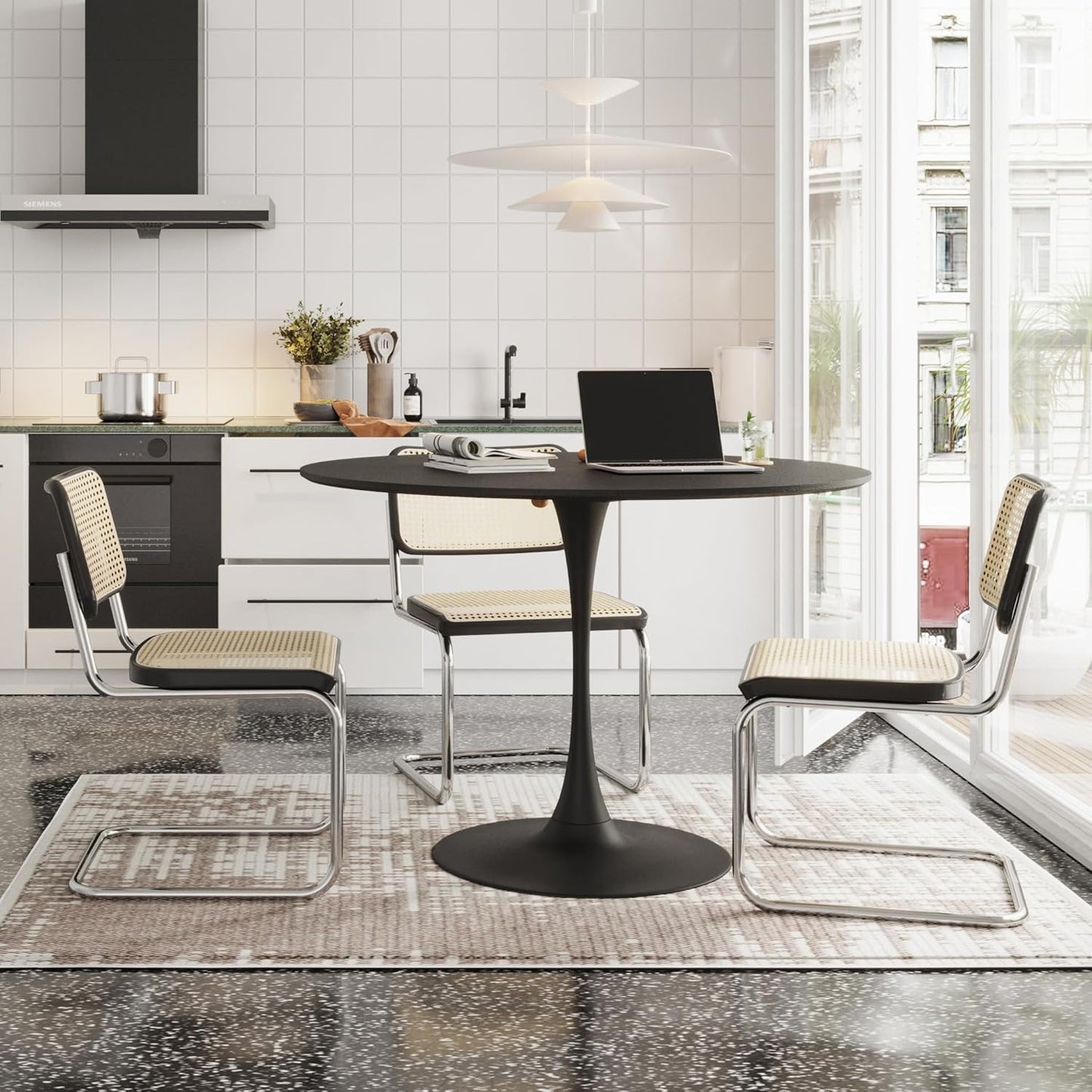 47.24" Modern Round Dining Table, Four Patchwork Tabletops with Black Color Solid Wood Grain Table Top, Metal Base Dining Table, End Table Leisure Coffee Table