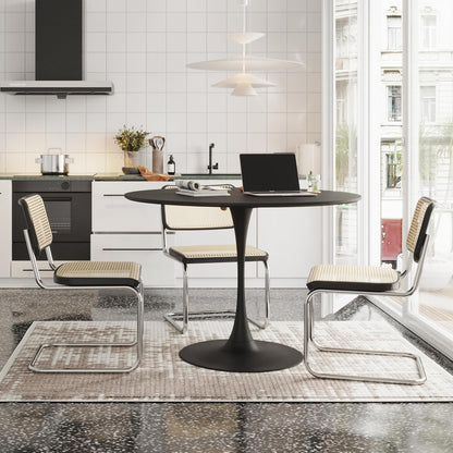 47.24" Modern Round Dining Table, Four Patchwork Tabletops with Black Color Solid Wood Grain Table Top, Metal Base Dining Table, End Table Leisure Coffee Table