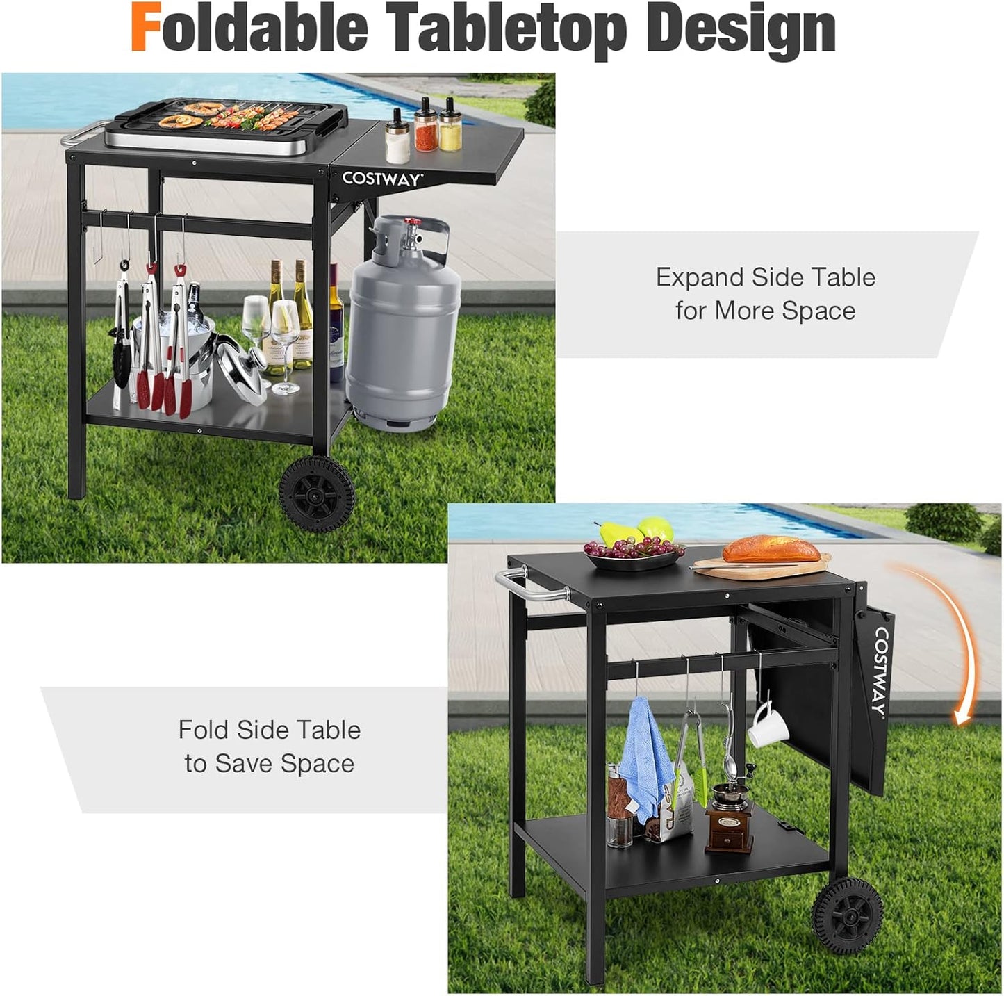 Costway Movable Dining Cart Table, Double-Shelf Trolley with Folding Tabletop, 4 Extra Hooks & 2 Directional Wheels, Outdoor Prep Cart for Pizza Oven & BBQ Grill, Worktable for Backyard, Patio, Garden