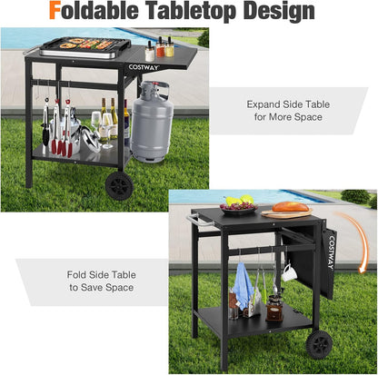 Costway Movable Dining Cart Table, Double-Shelf Trolley with Folding Tabletop, 4 Extra Hooks & 2 Directional Wheels, Outdoor Prep Cart for Pizza Oven & BBQ Grill, Worktable for Backyard, Patio, Garden