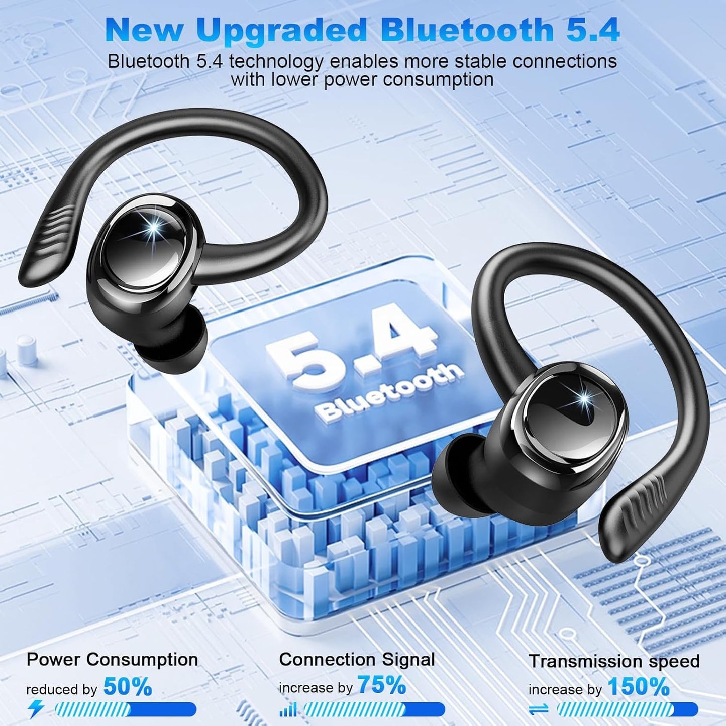 Wireless Earbuds, 2025 Bluetooth V5.4 Headphones Sport, Bluetooth Earbuds with 4 ENC Noise Cancelling Mics, 50H HD Stereo Bass Wireless Headphones, IP7, LED Display, USB-C Ear Bud for Workout/Running