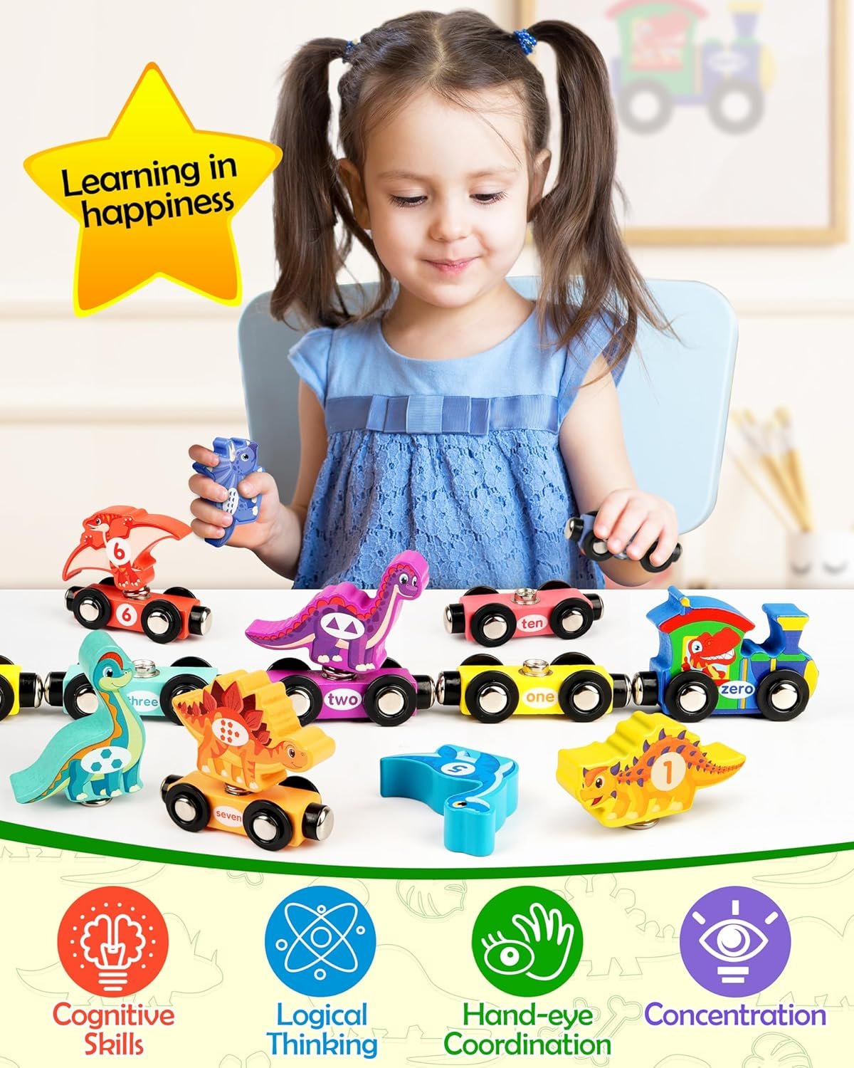 Vanmor Wooden Train Set with Dinosaur Toys, Educational Toddler Matching and Magnetic Number Train Learning Toys for Kids Ages 3-5, Montessori Gift for Boys and Girls who Love Trains and Dinosaurs