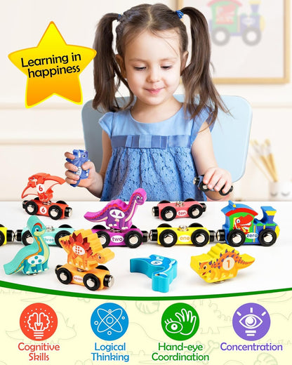 Vanmor Wooden Train Set with Dinosaur Toys, Educational Toddler Matching and Magnetic Number Train Learning Toys for Kids Ages 3-5, Montessori Gift for Boys and Girls who Love Trains and Dinosaurs