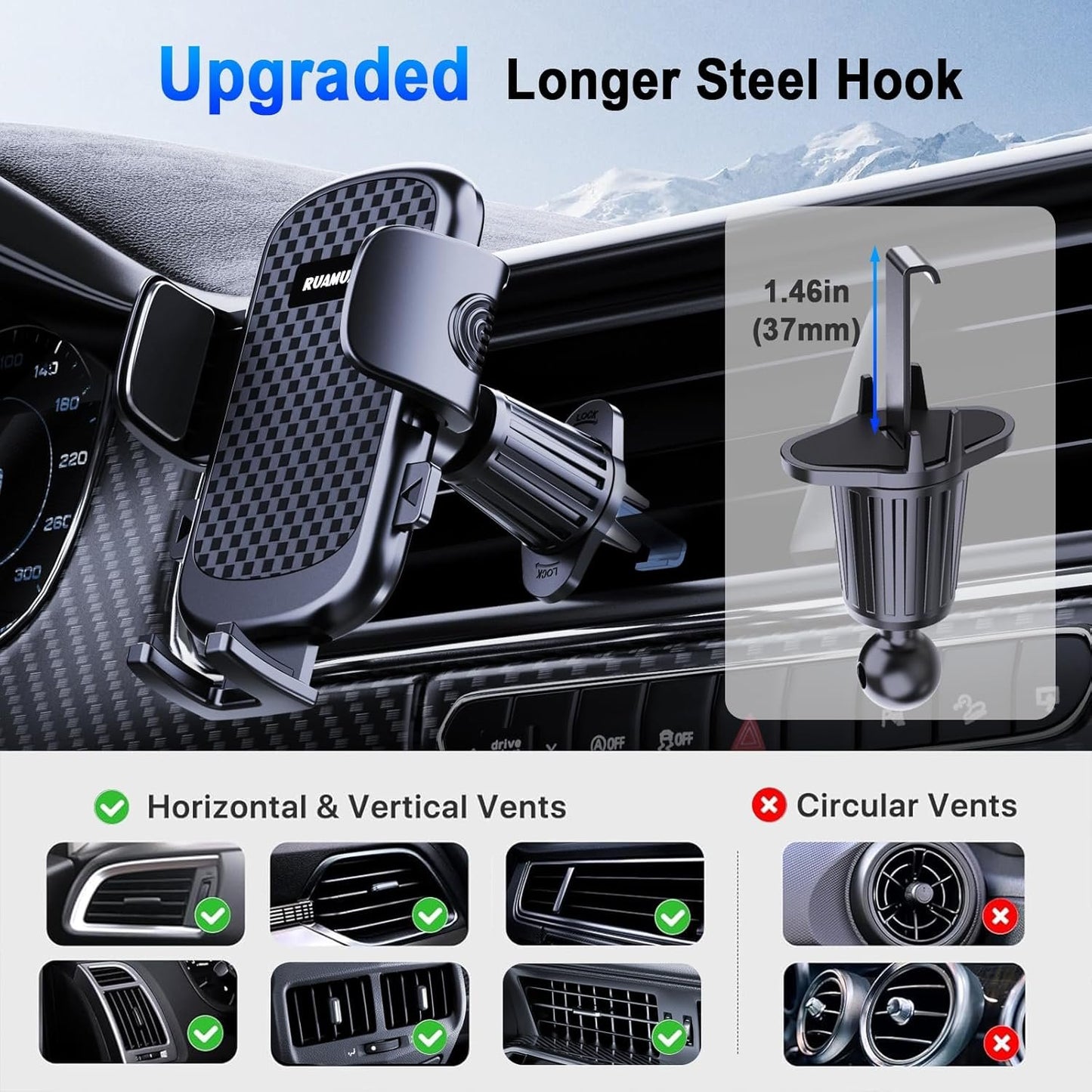 [2025 Upgraded] Car Phone Holder Vent Mount Extended Metal Hook[Ultra-Stable][Wider Clamp & Fit Thicker Case] Cellphone Car Mount for iPhone 16 Pro Max 15 Plus 14 13 12 Android Samsung S25 Ultra Pixel
