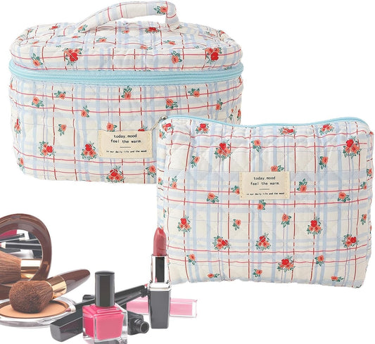 Travel Toiletry Bag - Hygiene Bag, Travel Toiletry Bag Organiser, 2 Piece Large Capacity Cosmetic Bag with Zipper, Portable Care Bag for Holiday, Toiletry Bag in Travel Bag, Blue Check Red Flower,