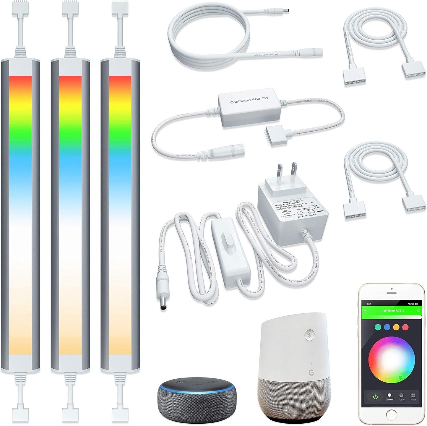 Smart Under Cabinet Lighting Strip Lights White and Multi Color Work With Amazon Alexa Google Home Dimmable for Show Case, TV Back Lights, Kitchen Counter, Book Case, Under Bed (3 Lights Bar kit)