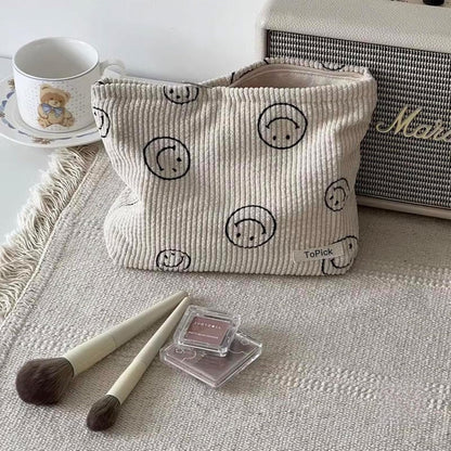 Corduroy Makeup Bag, Cosmetic Bag with Zipper Closure, Make Up Bag Handbags Purses Pouch Travel for Women, Smile Dots Organizer Storage Bag Girls Pencil Case, Clean Girl Aesthetic Must Haves