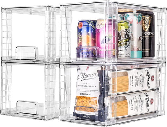 Zero Zoo 4Pack Large Stackable Kitchen Storage Drawers, Clear Foods Organizer Bins with Handles, Easily Assemble for Bathroom, Kitchen, Pantry, Cabinet, Closet (Down Handled)