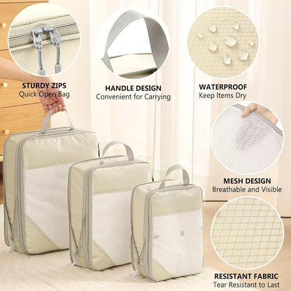 POWZOO 8 Pieces Organizer Suitcase Set, Packing Cubes Travel Organizer, Space-Saving, Travel Organizer, for Clothes, Shoes, Cosmetics Storage, Set of Organizer for Suitcases (Beige)