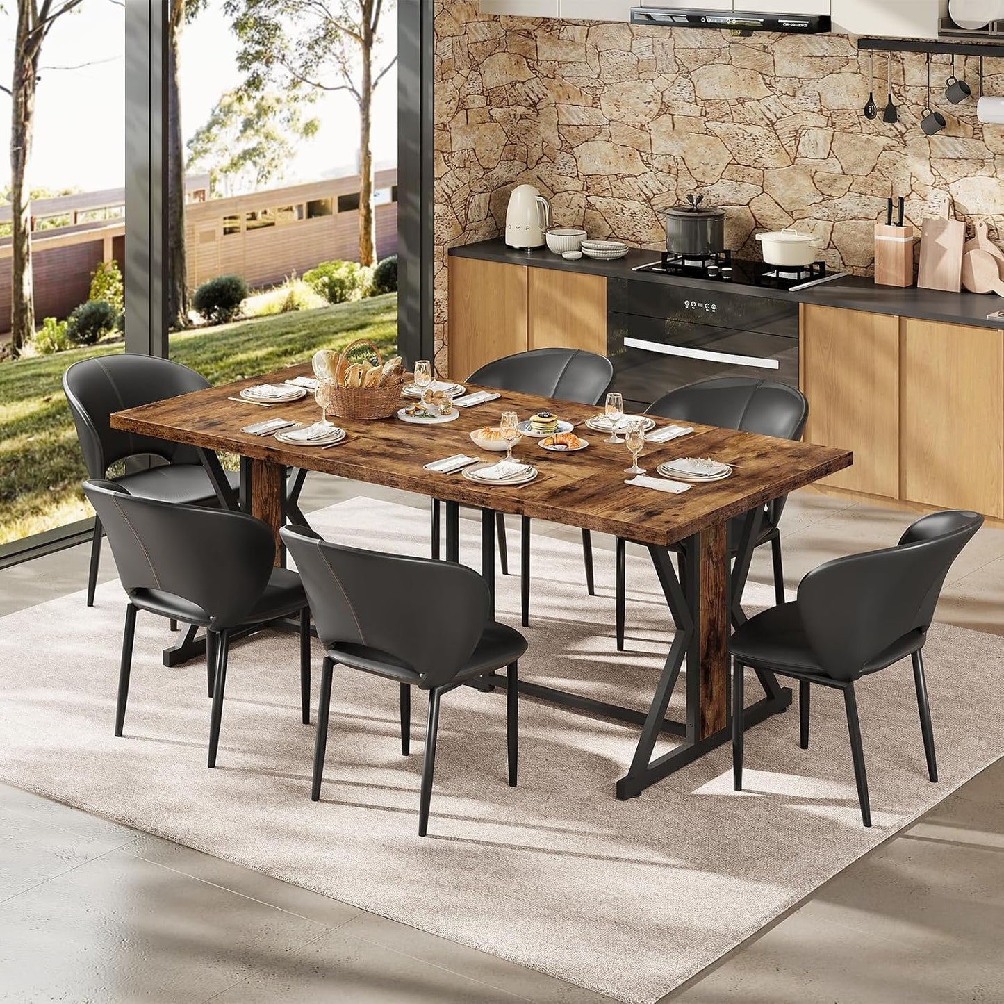 HOOBRO Dining Table, 180 cm Kitchen Dining Room Table with Sturdy Metal Frame, Rectangle Furniture with Heavy Duty Legs & Wooden Top, for Home Kitchen Living Room, Rustic Brown and Black BF180CZ01