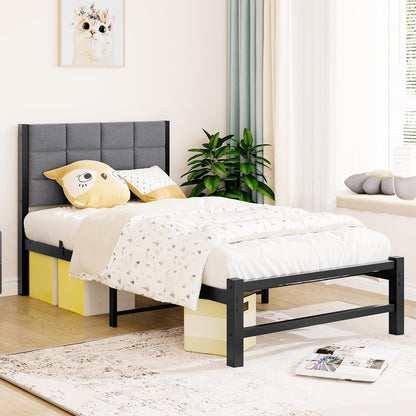 JUISSANO Twin Bed Frame with Upholstered Headboard,Single Bed Frame Twin Size Mattress Base,Metal Platform Bed Frame,Heavy Duty Metal Slats/No Box Spring Needed/Under Bed Storage,No Noise,Grey Linen