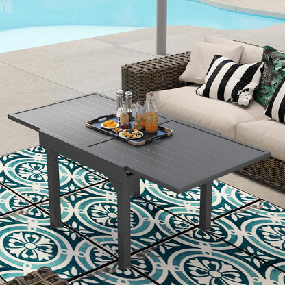 Outsunny Extendable Aluminium Outdoor Dining Table for 4-6 Person, 35"-71" Slatted Metal Patio Table for Garden, Backyard, Deck, Porch, Lawn, Grey