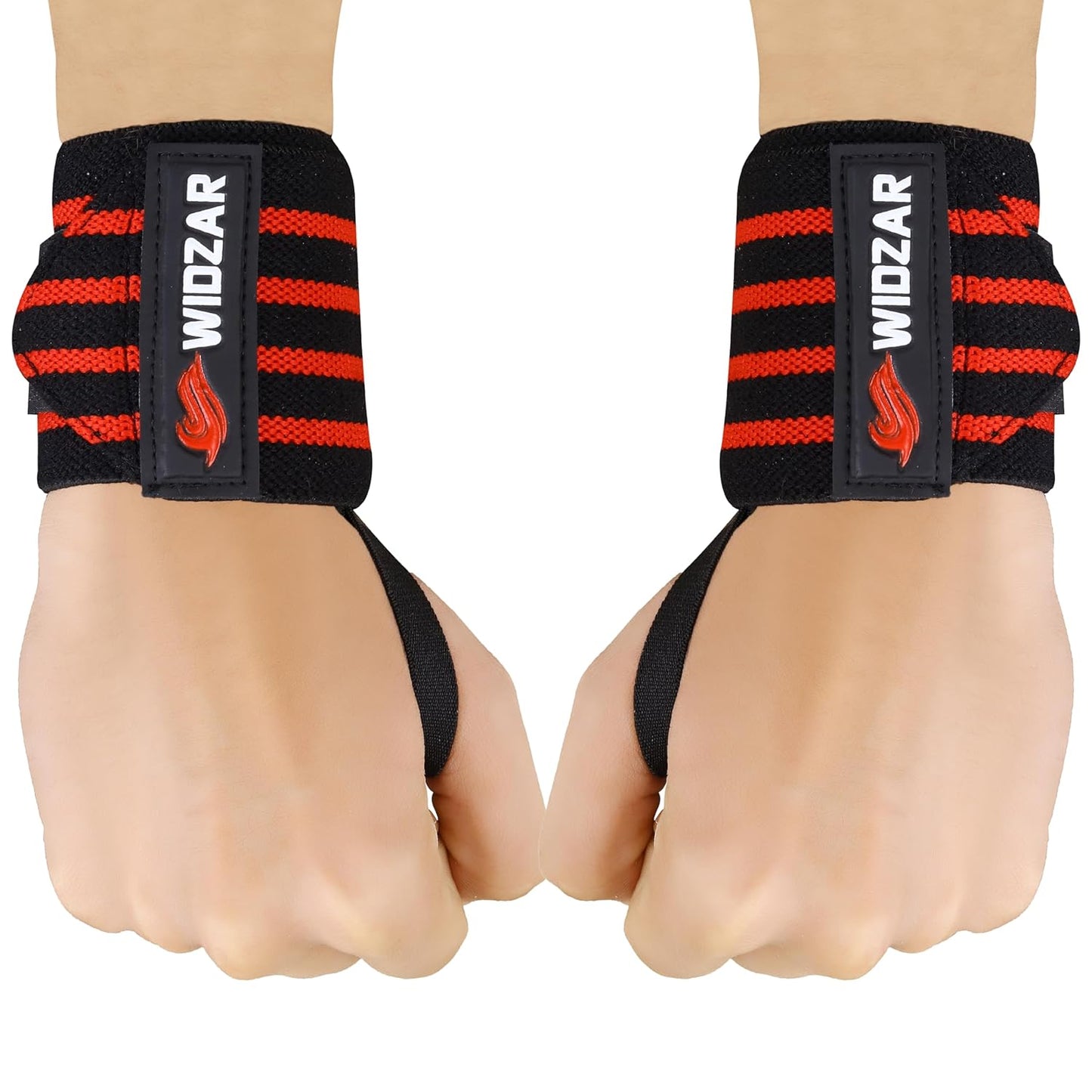 Widzar Wrist Wraps - Support Brace for Weightlifting, Powerlifting, Workout, Bodybuilding & Gym Training - Adjustable Straps with Attached Thumb Loops, Ergonomic Design for Men and Women (Red Stripes)