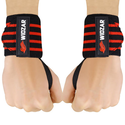 Widzar Wrist Wraps - Support Brace for Weightlifting, Powerlifting, Workout, Bodybuilding & Gym Training - Adjustable Straps with Attached Thumb Loops, Ergonomic Design for Men and Women (Red Stripes)
