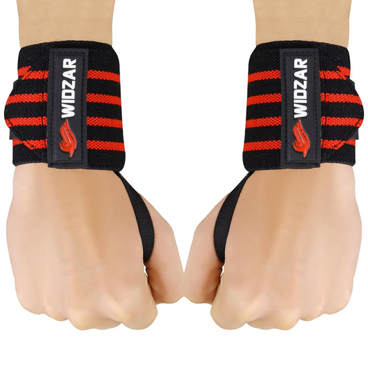 Widzar Wrist Wraps - Support Brace for Weightlifting, Powerlifting, Workout, Bodybuilding & Gym Training - Adjustable Straps with Attached Thumb Loops, Ergonomic Design for Men and Women (Red Stripes)