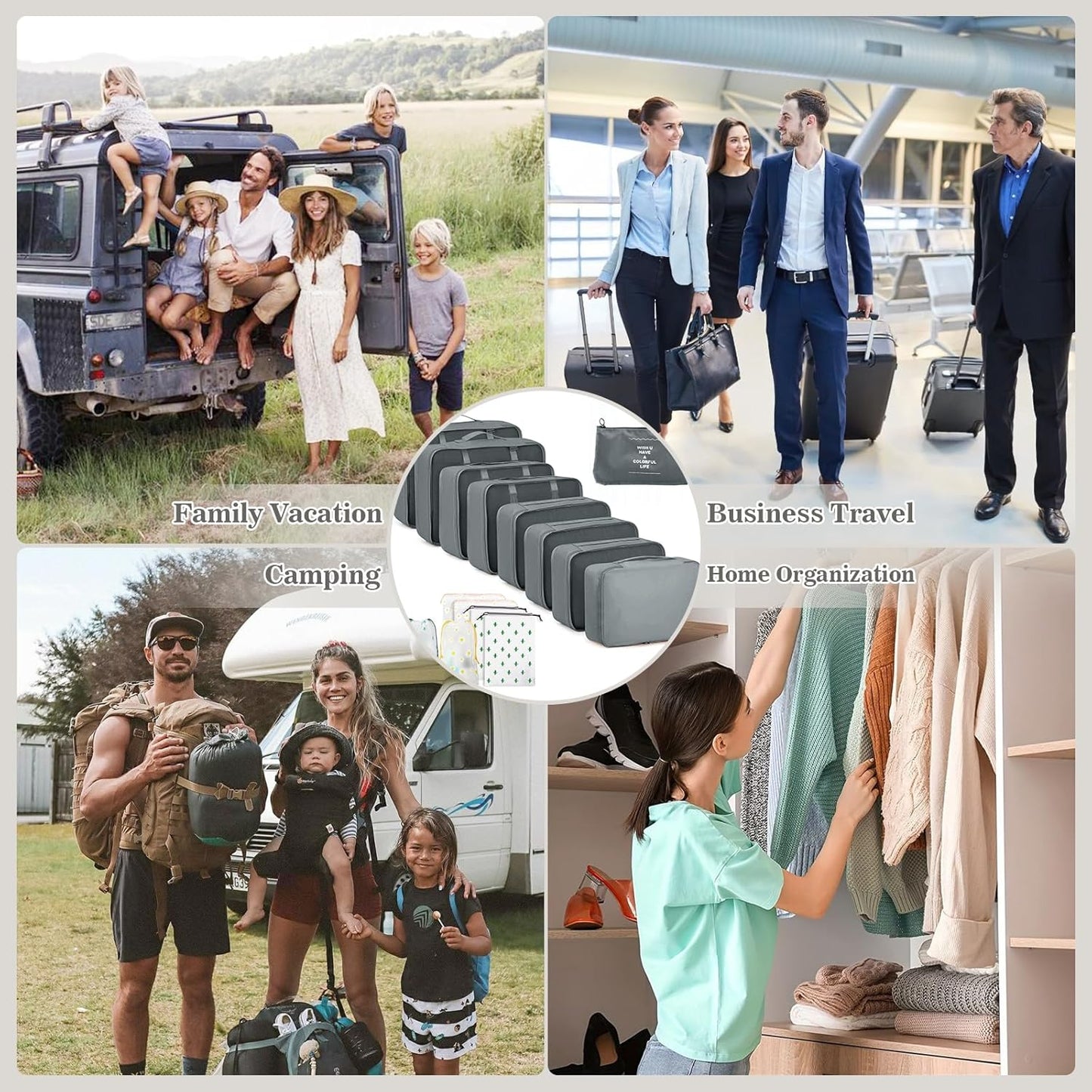 GIBOHOM Suitcase Organizer Set, 15 Pieces Space Saver, Packing Cubes for Holiday and Travel, Dividers Suitcase, Travel Organizer with Transparent Pockets, Grey