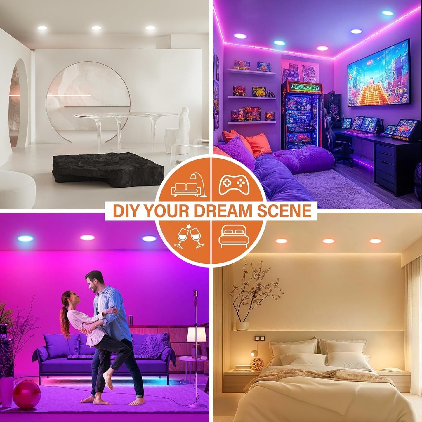 12Pack Smart RGB Recessed Lighting 6Inch,Ultra-Thin Canless LED Downlight, 2.4GHz Wi-Fi Bluetooth Direct Connect, 2700K-6500K,12W,1080LM,Work with Tuya App, Alexa,Google Assistant, Music Sync