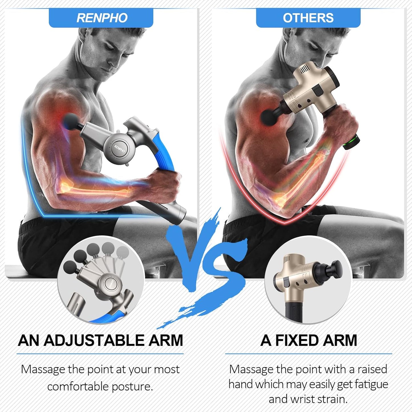 RENPHO Muscle Massage Gun, Massage Gun, Electric Deep Tissue Percussion Massager with Adjustable Arm and 6 Massage Heads, Portable Case