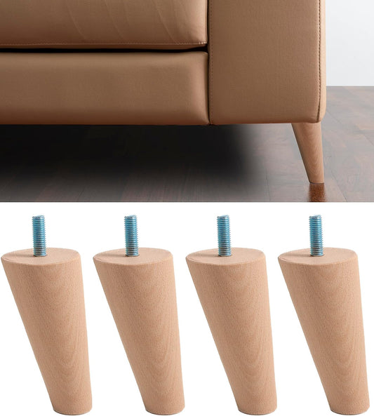 IPEA Furniture and Sofa Feet Height 12 cm Made in Italy - Slanted with Cone Shape - Screw M10 - Set of 4 Legs for Wardrobes, Armchairs, Beds - Beech Wood Feet - Light Colour