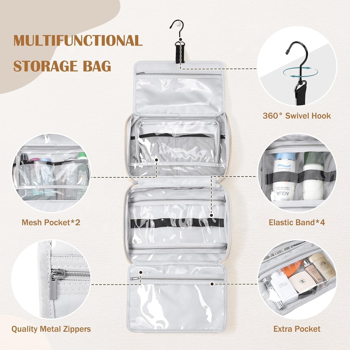 GOLF QUALITY Women's Travel Toiletry Bag Hanging Waterproof Makeup Bag High Capacity Travel Makeup Bag Useful Accessories Large Makeup Bag with Hook, Elegant Apricot, Includes