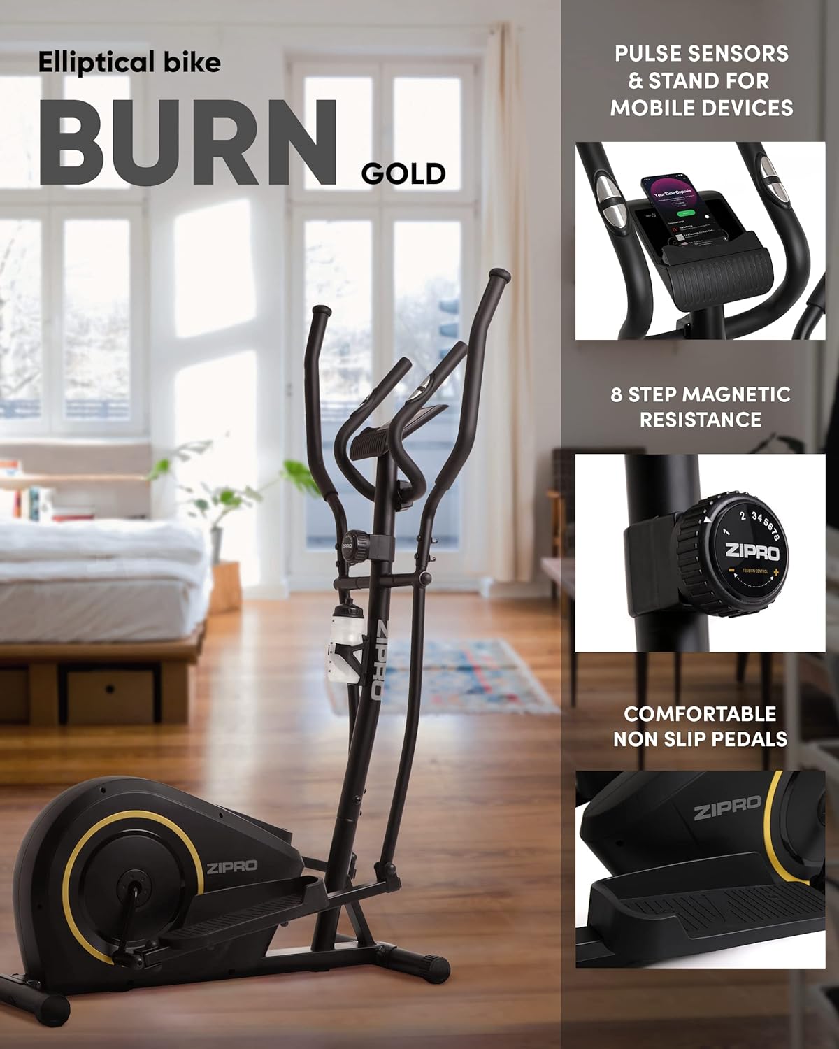 Zipro Burn Crosstrainer Elliptical Up to 120 kg Cardio Home Cardio Machine Elliptical Exercise Bike 8 Resistance Levels