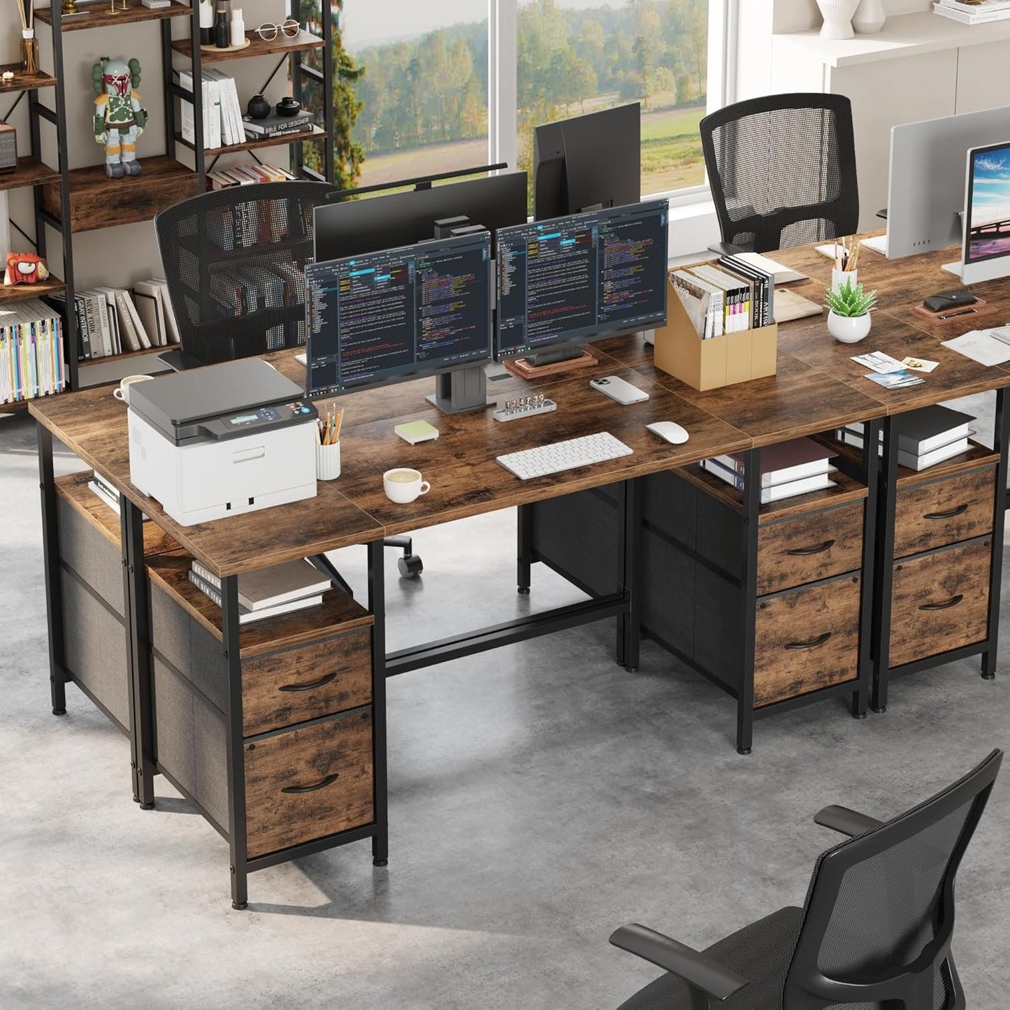 YAOHUOO Computer Desk with 4 Fabric Drawers Organizer - 63"/160 Office Desks with File Drawer Organization, PC Work Desk Study Writing Table Workstation for Home Office Space Rustic Brown
