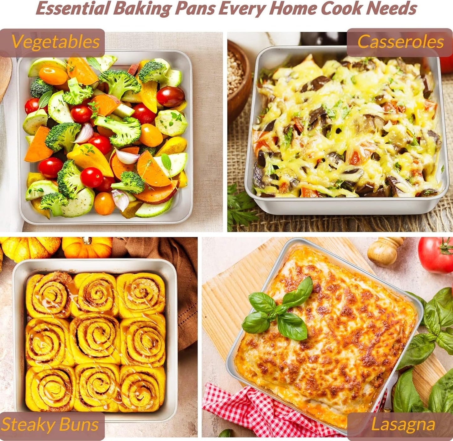9 x 9-Inch Baking Pan, E-far Square Cake Brownie Baking Pans Stainless Steel Bakeware Set of 2, Fits in Small Toaster Oven, Non-Toxic & Dishwasher Safe