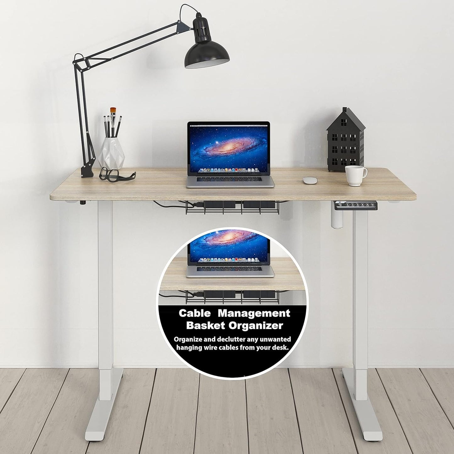 SHW 48-Inch Electric Height Adjustable Sit to Stand Desk with Hanging Hooks and Cable Management, 122 x 60 cm, Maple