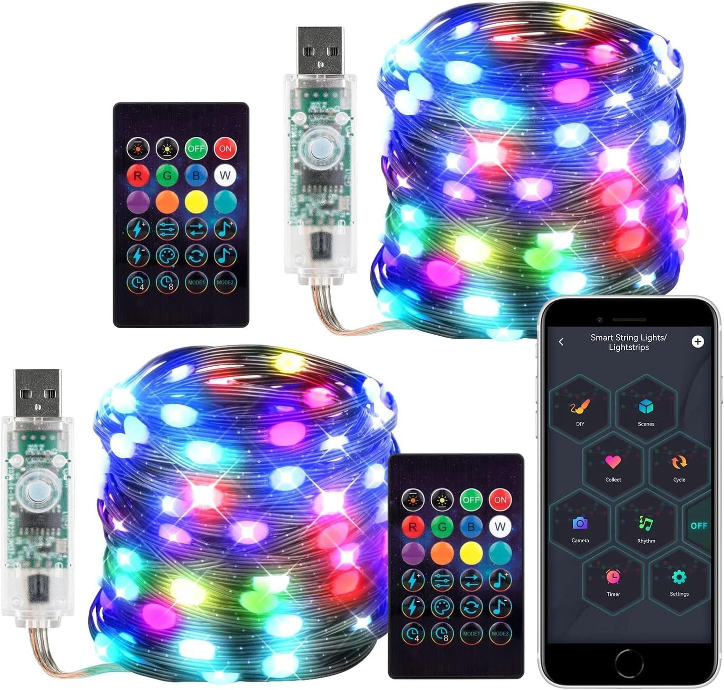 BTF-LIGHTING Smart Fairy String Light 2 Pack RGBIC WS2812B 10M USB Bluetooth Twinkle with Timer and Remote Control, Music Sync Fun Ways Colour Chasing Lights for Christmas Wedding Party