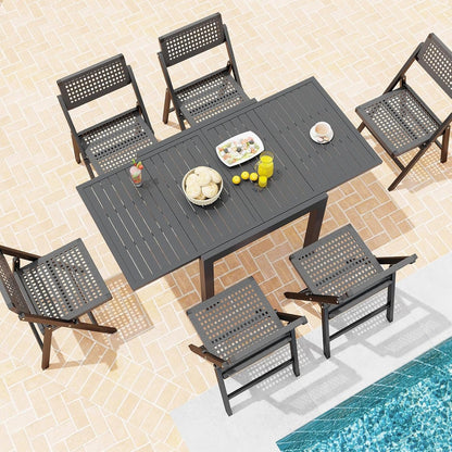 HAPPYGRILL Expandable Patio Dining Table Aluminum Outdoor Table for 4-6 Person with Slatted Tabletop, Square Rectangular Folding Patio Table for Porch, Lawn, Garden