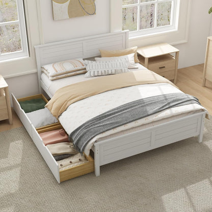 KOMFOTT Full Size Wood Bed Frame with 2 Storage Drawers, Mid Century Platform Bed Frame with Headboard, Sturdy Wooden Slats Support, Modern Mattress Foundation, No Box Spring Required, Easy Assembly