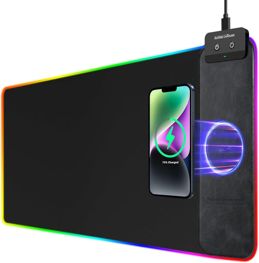 Wireless Future Charger Gaming Mouse Pad, 10W Wireless Charging, RGB with 9 LED Light Modes, 31.5"x11.8" Large Desk Mat, Non-Slip Rubber Base, Waterproof, Black