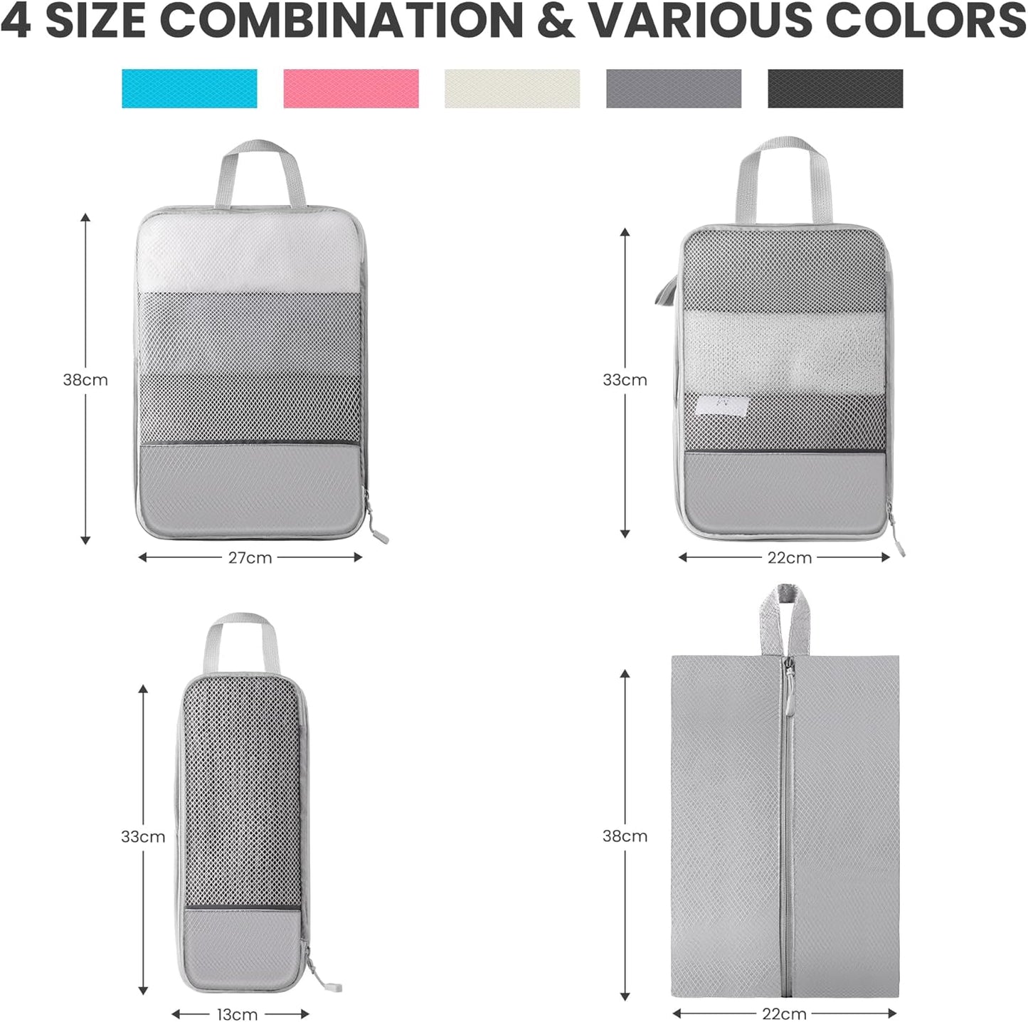 6 Set Compression Packing Cubes Travel Accessories Expandable Packing Organizers, Lightweight Suitcase Organizer Packing Cells Bags Set Travel Essentials, Travel Bags Carry-on Luggage Suitcase Grey