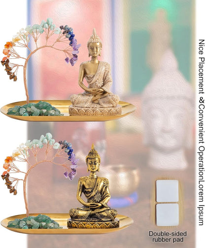 7 Chakra Healing Crystal Tree and Zen Statue, Sakyamuni Buddha Statue, Meditation Chakra Decoration, Home, Shelf, Office, Mantle Decoration, Good Luck，Health and Wealth