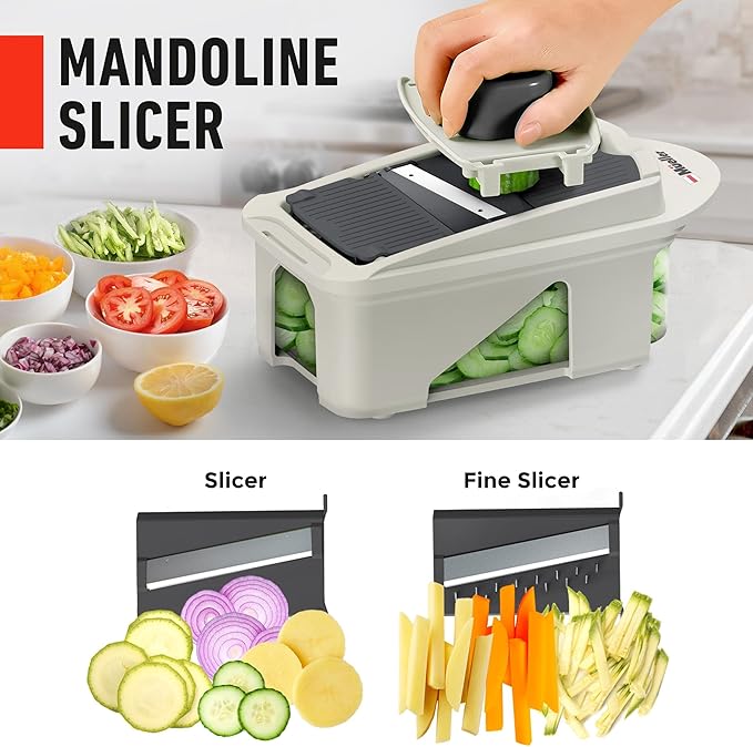 Mueller Pro-Series All-in-One, 12 Blade Mandoline Slicer for Kitchen, Food Chopper, Vegetable Slicer and Spiralizer, Cutter, Dicer, Grater, Kitchen Gadgets Sets with Container, White Sand/Gray