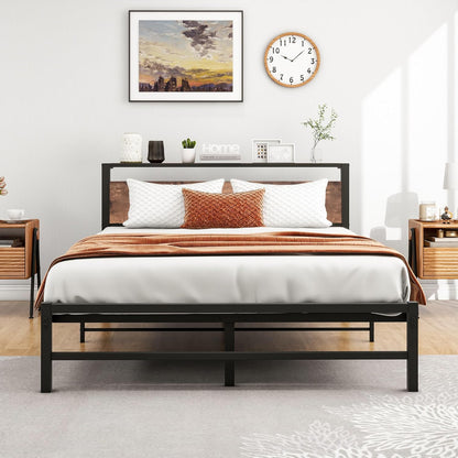VERFARM Queen Bed Frame with Wood Storage Headboard, Metal Platform Bed Frame Queen Size No Box Spring Needed, Strong Slats Mattress Foundation, Non-Slip Noise Free, Easy Assembly