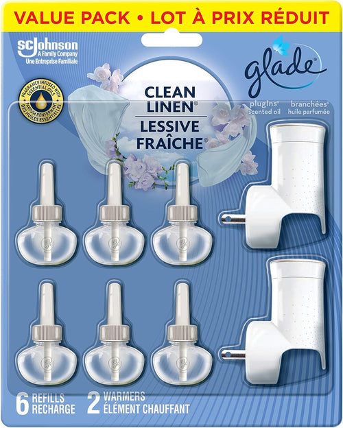 Glade PlugIns Air Freshener Starter Kit, Scented and Essential Oils for Home and Bathroom, Clean Linen, 2 Warmers and 6 Refills