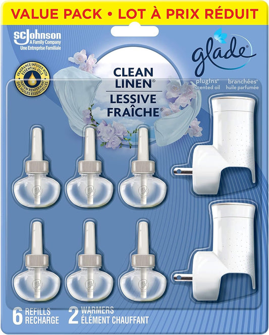 Glade PlugIns Air Freshener Starter Kit, Scented and Essential Oils for Home and Bathroom, Clean Linen, 2 Warmers and 6 Refills