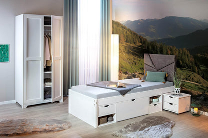Inter Link - Single bed - Multifunction - Functional bed with storage - With bedside table - 3 drawers - 2 niches - Solid wood - With base - White painted - Till 90 x 200 cm