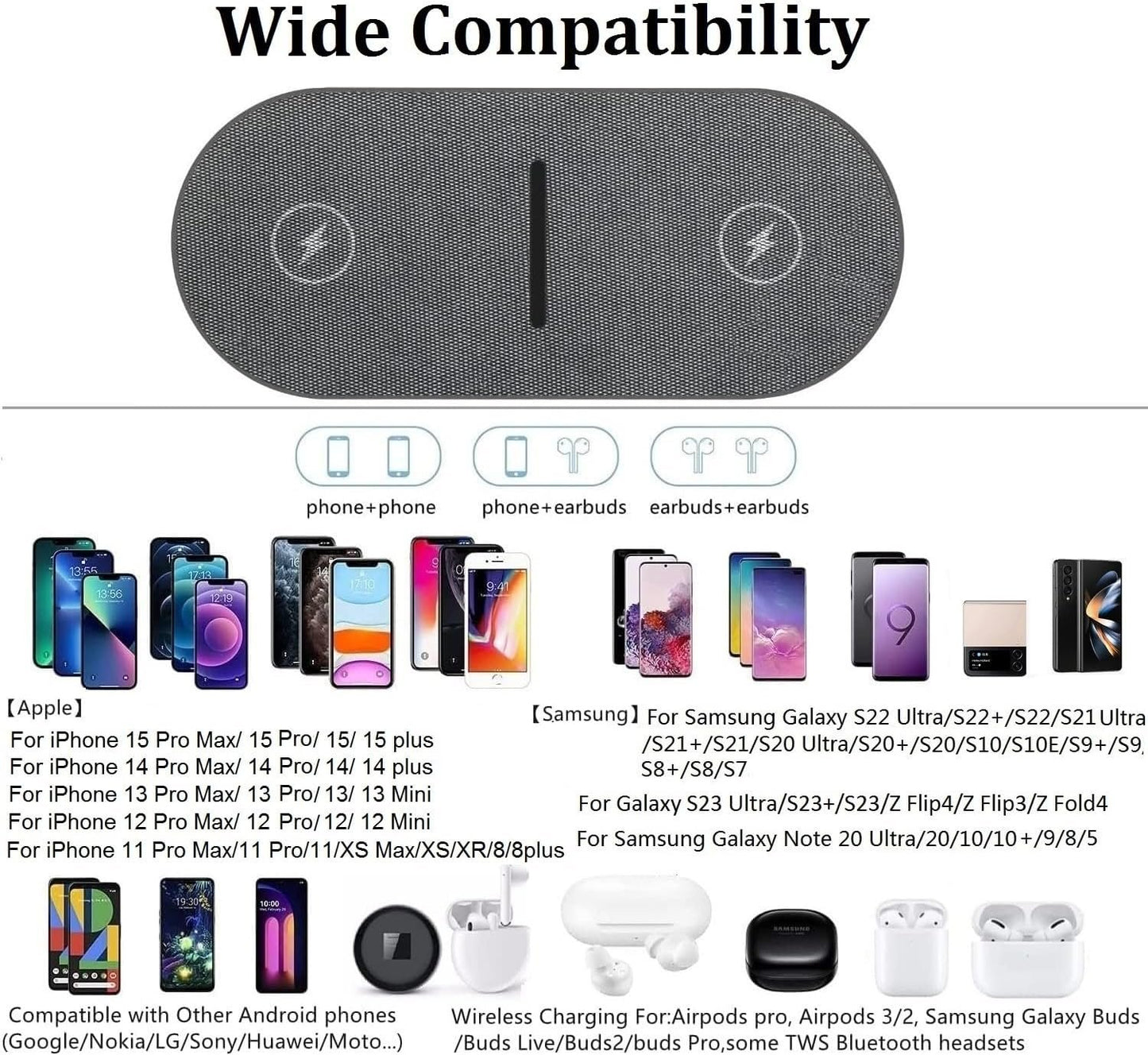 FDGAO Dual 20W Wireless Charger 2 in 1 Fast Wireless Charging Pad Station for iPhone 16 Pro Max/16 Pro/15/14/13/12/11/XS/XR/8 Plus, Airpods, for Samsung Galaxy/Note, Galaxy Buds (with AC Adapter)