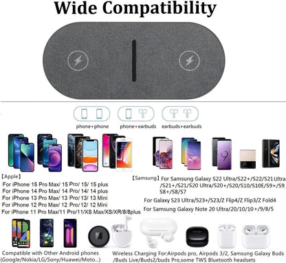 FDGAO Dual 20W Wireless Charger 2 in 1 Fast Wireless Charging Pad Station for iPhone 16 Pro Max/16 Pro/15/14/13/12/11/XS/XR/8 Plus, Airpods, for Samsung Galaxy/Note, Galaxy Buds (with AC Adapter)