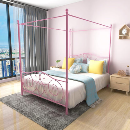 HAHRIR Canopy Bed Frame Platform Metal Bed Frame Heavy Duty Steel Slat and Support with Headboard and Footboard No Box Spring Required (Queen, Pink)