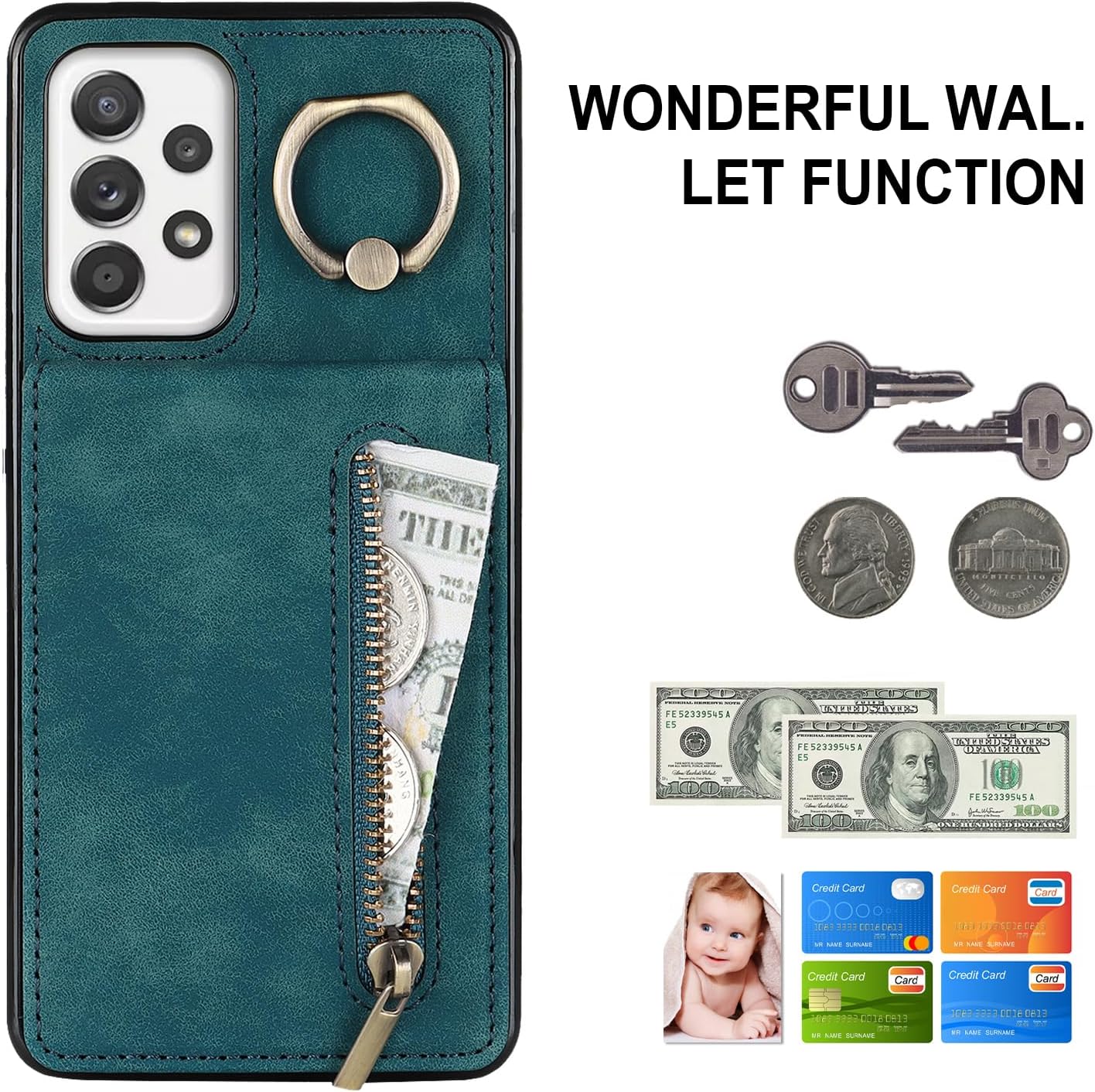 Asuwish Phone Case for Samsung Galaxy A52/A52S 5G Wallet Cover with Screen Protector and Cell Accessories Zipper RFID Card Holder Slot Ring Kickstand Flip A 52 S 4G G5 52A S52 52S SM Women Men Green