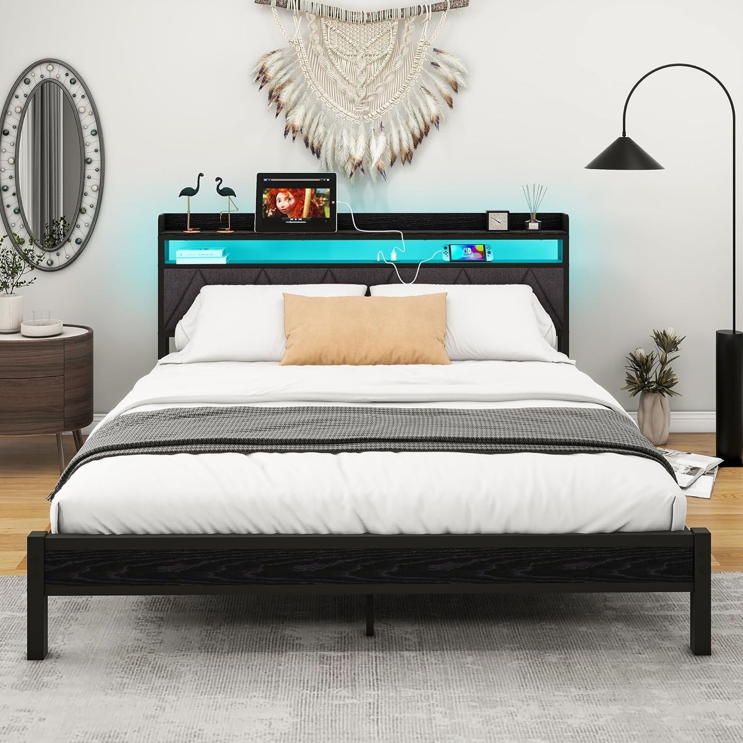 VERFARM King Size Bed Frame with LED Lights Storage Upholstered Headboard and Charging Station, Heavy Duty Metal Platform King Size Bed Frame, No Box Spring Needed, Noise Free, Easy Assembly